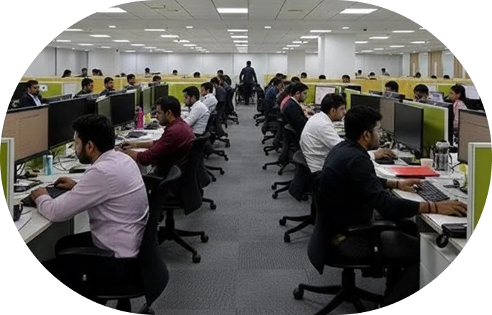 Brainmine employees working at computers in the open-plan office